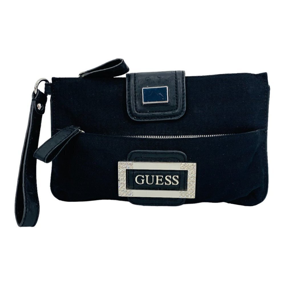 Guess Black Monogram Canvas Large Wristlet Clutch Bag